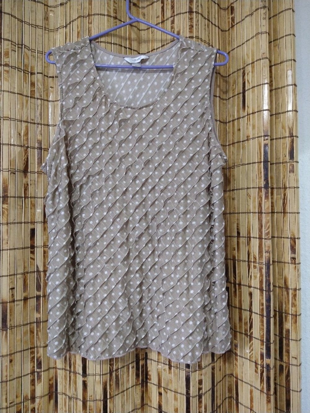 CJ Banks Taupe Polka Dot Diagonal Ruffle Sleeveless Blouse Size 1X